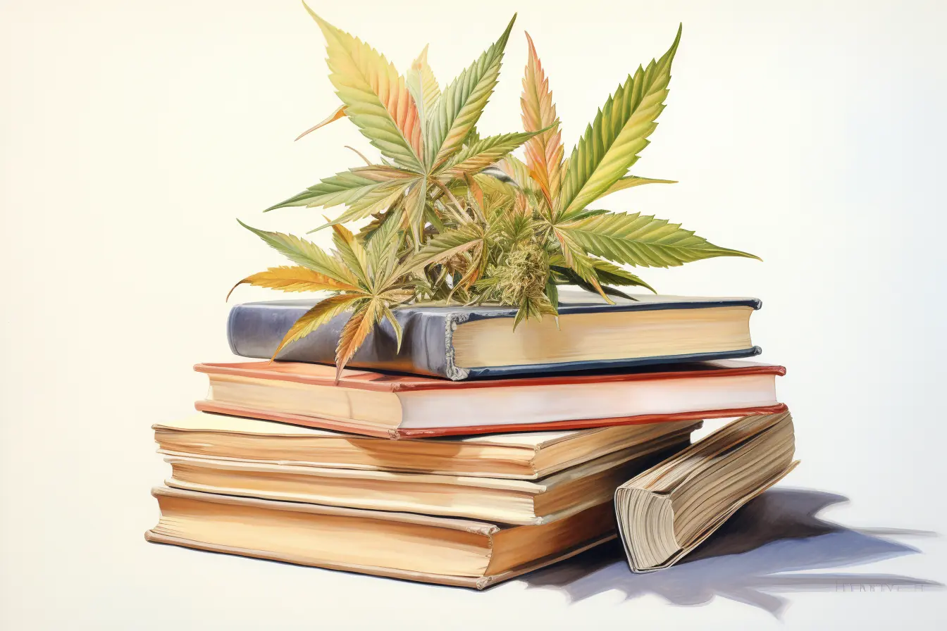 Eine Pflanze, die als Cannabis bezeichnet wird, besitzt grüne Blätter, die auf einem Stapel von Büchern liegen, die übereinander gelegt sind.